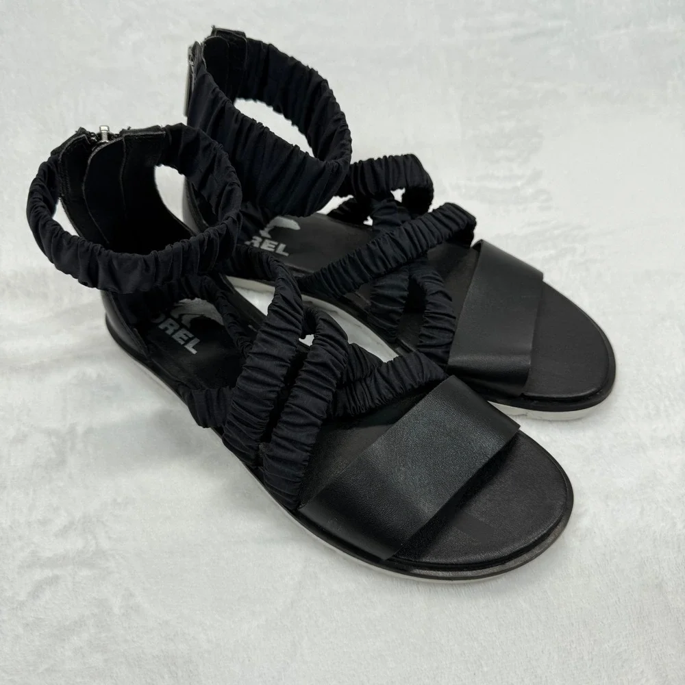 Sorel Gladiator Sandals Ruched Straps Back Zipper Black Leather Size 6.5